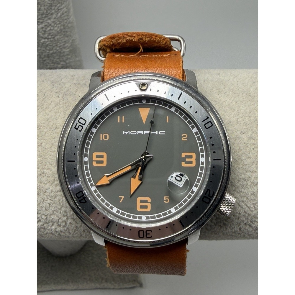 Morphic Mens Watch M74 New Battery 42MM 8.5" Leather Band Gray Dial